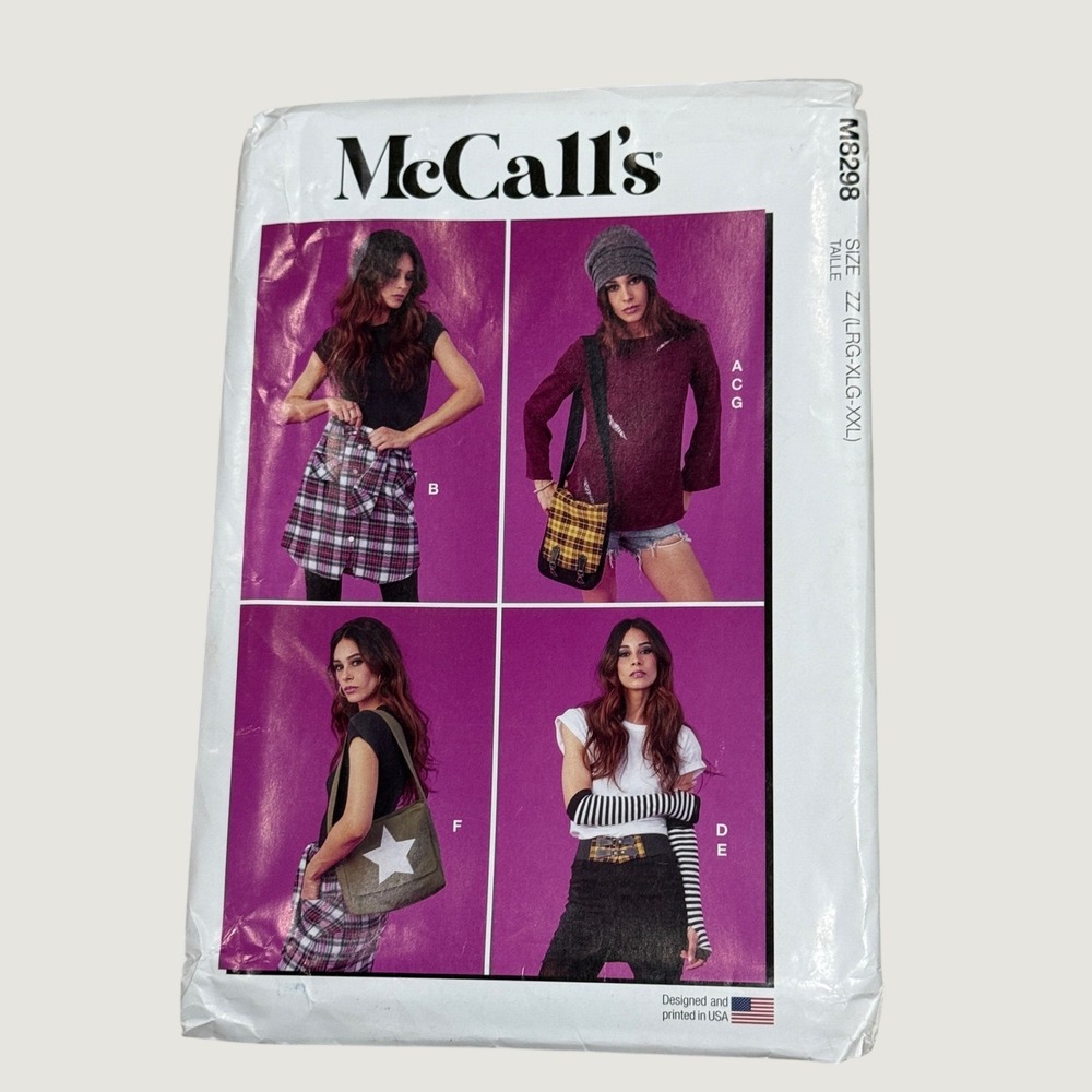 McCall's M8298 Sewing Pattern Tunic Skirt Bag Hat Size L-XXL Y2K Grunge Utility